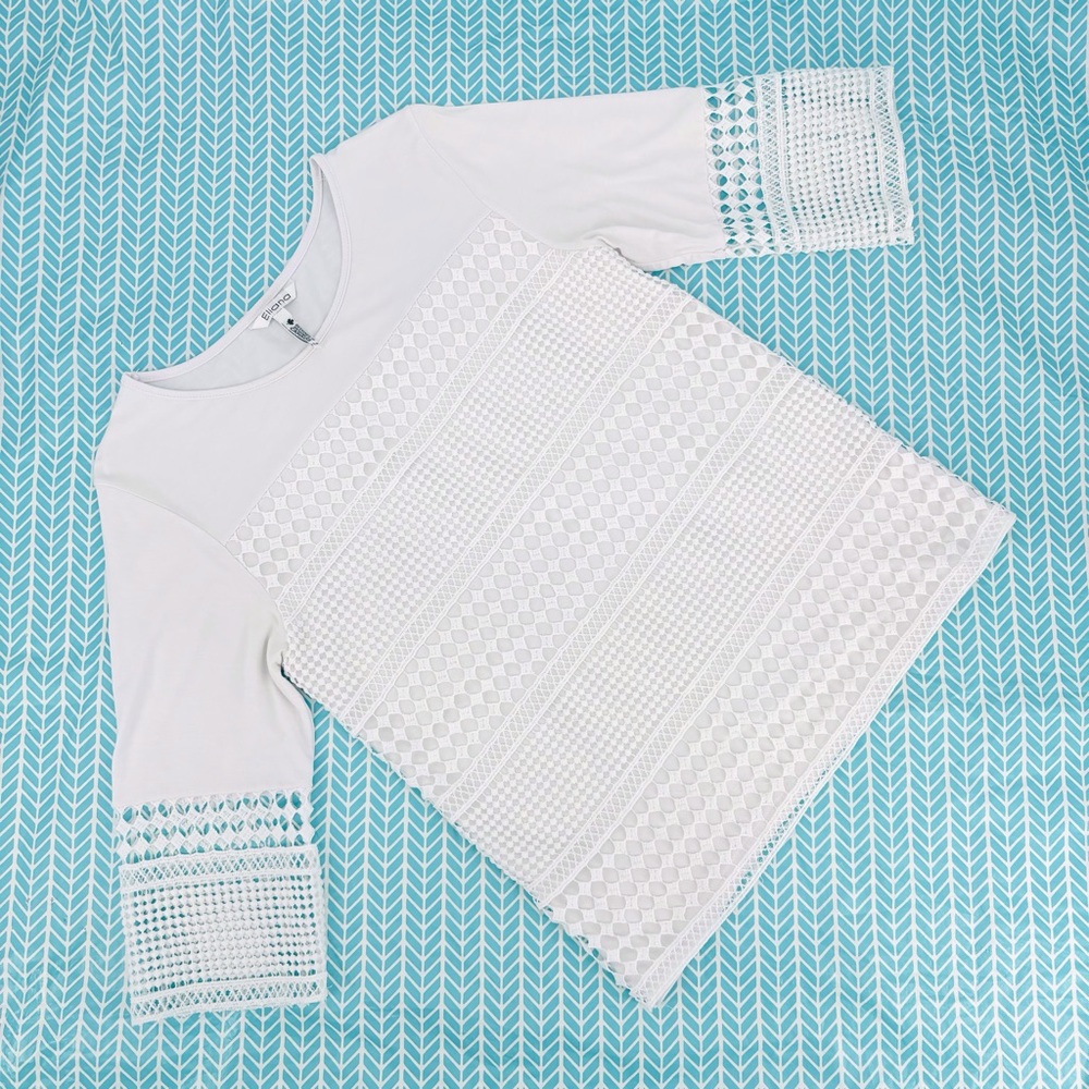 Eliana White Crochet Lace Accented 3/4 Sleeve Top, Small